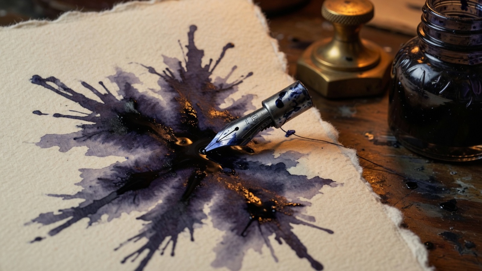 Extreme close-up of wet indigo-black ink spreading through cream rag paper fibers as a steel fountain-pen nib lifts, with a brass stamp handle blurred behind.