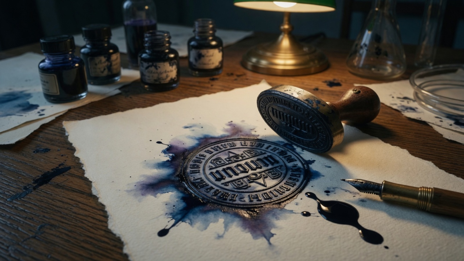 A brass-and-wood rubber stamp lifting from cream rag paper on a dark lab desk, leaving a wet indigo-black circular seal beside a fountain-pen blot and glass ink bottles.