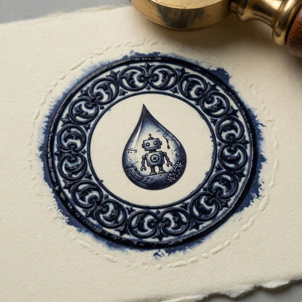 Close-up of a circular wet-ink company seal on cream rag paper, indigo-black ink still glistening and slightly bleeding at the edges of an ornate not-quite-blackletter ring.